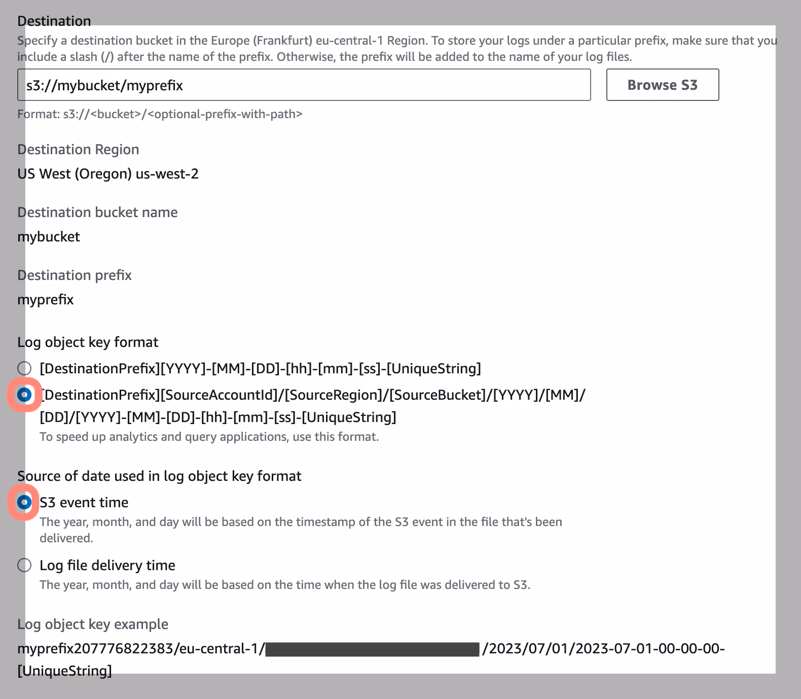 S3 server access logging configuration. Date-based partitioning.